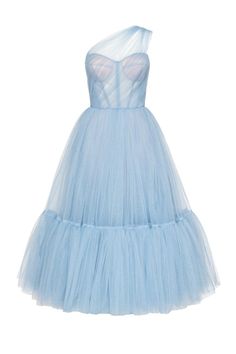 Blue One-Shoulder Cocktail Tulle Dress ➤➤ Milla Dresses Wedding Guest Dress One Shoulder, Transparent Corset, Puffy Tulle Skirt, Milla Dresses, Organza Dresses, Split Prom Dresses, Skirt Details, Rose Peach, Corset Bustier