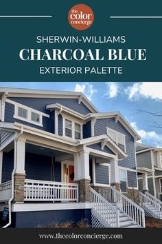 the exterior of a house with blue siding and white balconies