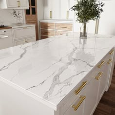 a white kitchen with marble counter tops and gold handles