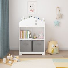 a child's room with toys and bookshelves on the floor in front of a window