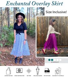 The Enchanted Overlay Skirt is a chic pairing of a peak-a-boo circle skirt lining under a flowing gathered circle skirt. The Enchanted Overlay Skirt is a midi-length skirt with a comfortable elastic waistband. This size inclusive pattern is drafted for up to a 64 1/2 inch - 164 cm waist. The Enchanted Overlay skirt uses 58" wide lightweight woven fabrics such as satin, silk, embroidered sheer chiffon or tulle, satin lining, taffeta lining, and similar fabrics. Your PDF pattern purchase includes Skirt With Overlay Pattern, Reversible Circle Skirt, Gathered Circle Skirt, Skirt Lining, Overlay Skirt, How To Make Skirt, Overlay Dress, Woven Fabrics, Midi Length Skirts