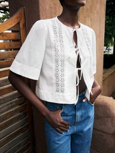 Blanco Casual Collar manga media Tela tricotada Liso Camisa Embellished No-Elástico Embroidered Tie, Plain Shirt, Blouse Casual, Plain Shirts, Blouse White, Lace Panelled, Casual Blouse, White Casual, Kids Beachwear