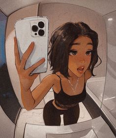 a drawing of a woman holding up a cell phone