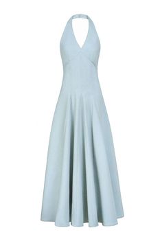 Light Blue Sleeveless Evening Dress, Sleeveless Light Blue Midi Dress For Evening, Light Blue Sleeveless Evening Midi Dress, Spring Gala Midi Length Halter Dress, Elegant Spring Halter Evening Dress, Elegant Light Blue Sleeveless Party Dress, Elegant Spring Evening Halter Dress, Light Blue Formal Evening Dress For Summer, Light Blue Sleeveless Maxi Dress With Fitted Bodice