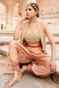 Buy Soniya G Peach Lucknowi Chikankari Embroidered Cape And Dhoti Pant Set Online | Aza Fashions Aerial Costume, Embroidery Square, Embroidery Neckline, Embroidered Cape, Chikankari Embroidery, Lucknowi Chikankari, Peach Blouse, Dhoti Pants, Beaded Tassels