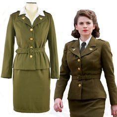 a woman in uniform is standing next to a mannequin wearing a dress and jacket