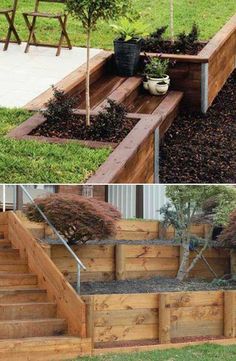 the steps are made out of wood and have plants growing on them in pots next to each other