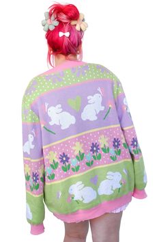 Spring is here and we have the cutest sweater for you!! Bunnies, butterflies, and flowers decorate this pastel sweater. 100% Cotton. Model is a size XL wearing the XL/2X Limited Edition.Part of our My Violet Originals! Designed and fit in Los Angeles by us, made in partnership with our reputable production team in China Cute Crew Neck Cardigan, Spring Kawaii Long Sleeve Sweater, Cute Long Sleeve Spring Sweater, Pastel Knit Sweater For Fall, Kawaii Spring Sweater, Kawaii Cotton Sweater For Spring, Pink Kawaii Sweater For Spring, Pink Knit Sweater With Floral Print, Pink Floral Print Sweater For Spring