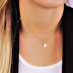 "Dainty Necklace - layered set of Two Simple and classic this layered set is the perfect compliment to your favorite tee or little black dress. This beautiful set is available in silver, gold or rose. D E T A I L S -Top layer - dainty link chain -Bottom layer- petite disc measures 10mm -Choose 14kt Gold-Filled, Sterling Silver, or Rose Gold-Filled. -A high quality delicate link chain. -Polished to a light satin finish. CUSTOM HAND STAMPING -Hand stamped with an Block initial or heart or symbol - Elegant Layered Necklace With Double Chain And Round Pendant, Minimalist Layered Double Strand Jewelry, Layered Double Strand Minimalist Jewelry, Double Chain Round Necklaces For Layering, Minimalist Double Strand Clavicle Chain Layered Necklace, Minimalist Layered Double Strand Necklace, Everyday Layered Choker Jewelry, Everyday Layered Choker, Dainty Double Chain Layered Necklace Gift