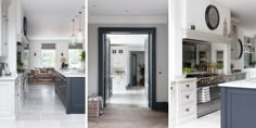 two pictures of the same kitchen and dining room, one is white with blue accents