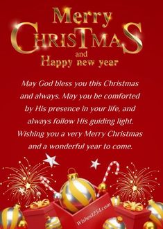 merry christmas and happy new year greeting card with red background, gold ornaments and stars