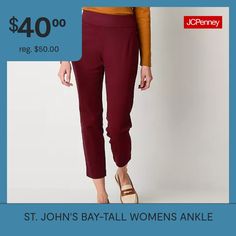 These St. John's Bay women's tall pull-on ankle pants are a versatile staple to add to your wardrobe. They're made from a stretchy sateen cotton-blend for a skinny-fit and feature a flat front, an elastic-waist, two front faux pockets, and two back faux pockets. Wear them with a tee or button-down.Front Style: Flat FrontFeatures: EssentialsClosure Type: Full ElasticConcerns: Tummy SolutionsFit: Skinny FitPockets: 2 Back Slip Pockets, 2 Front Slip PocketsRise: At WaistFiber Content: 65% Cotton, … Tall Pants, Petite Pants, Ankle Pants, Pull On Pants, Wardrobe Essentials, Stretch Fabric, Elastic Waist, Cotton Blend, Wardrobe