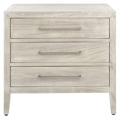 a white nightstand with two drawers and one drawer on the bottom, in front of a white background