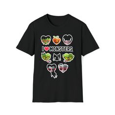 a black t - shirt with the words i love monsters printed in different colors and shapes