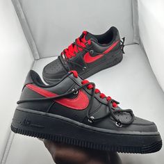 Custom red and black  Rope Laced, Red Bottoms Air Force Ones  Available in Men's and Women's sizing! Made with high quality acrylic paint  Base shoe: All Black Nike Air Force One This custom shoe is perfect for anyone who wants to stand out from the crowd. It features black rope laces and red bottoms, creating a striking contrast against the classic black Air Force 1 base. Red Lace-up Custom Sneakers For Streetwear, Urban Red Custom Sneakers With Red Sole, Urban Custom Red Sneakers With Red Sole, Urban Red Custom Sneakers For Streetwear, Red Urban Custom Sneakers For Streetwear, Red High-top Custom Sneakers With Studded Outsoles, Red Casual Custom Sneakers With Studded Outsoles, Red Air Force 1, Dickies Outfit