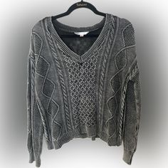 No Boundaries Women’s Size: L Stonewash Grey / Black Cableknit Sweater Never Worn Black Textured Knit Cotton Sweater, Casual Gray Knitted Sweater, Black Cotton Knit Sweater, Gray Cotton Textured Knit Sweater, Gray Textured Knit Cotton Sweater, Gray Soft Knit Casual Sweater, Casual Cable Knit V-neck Sweater For Layering, Casual Black Sweater For Layering, Gray Soft Knit V-neck Sweater