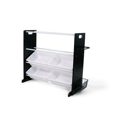 a black and white shelf with three shelves