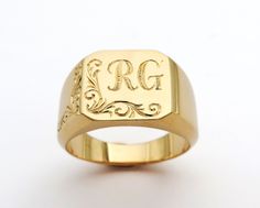 "This is a meaningful personalized monogram ring for men. It is luxurious, bold - and full of presence. This engraved initial ring can pass from one generation to the next, and create a beautiful and exciting family tradition. Get this impressive personalized signet ring to wear proudly and enjoy every day for many years! ✿ Item details ✿ ✿ Materials: - 14k//18k Yellow//Rose//White Gold (per your choice) ✿ Measurements: - Front width: 11 mm (0.43\")  - Back width: - 3.6 mm (0.14\") - Ring's thic 14k Gold Signet Ring, Ring Square, Mens Gold Jewelry, Engraved Initials, Monogram Ring, Gold Signet Ring, Family Tradition, Gold Engraving, Initial Ring