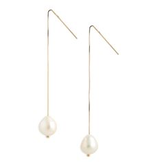 A pair of dangling threader style earrings handcrafted in 14-karat gold with a luminous baroque pearl on one end. This piece is handcrafted locally in Vancouver. 14-karat gold: 50% recycled gold Length 4" Baroque pearls 11-13mm Made to order (ready to ship in 2-3 business days) Pearl Threader Earrings, Vancouver British Columbia, Pearl Collection, Solitaire Necklaces, Keshi Pearls, Pearl Gemstone, Beaded Hoop Earrings, Threader Earrings, Recycled Gold