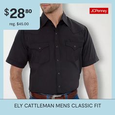 Make a smooth transition from workday to play in this sharp-looking men's shirt from Ely Cattleman.Arc Rating Type: Not_applicableArc Thermal Performance Value (atpv): Not_applicableClosure Type: SnapFit: Classic FitIndustry: ConstructionNeckline: Collar NeckPockets: 1 Pencil Pocket Stall, 2 Chest Snap PocketsSleeve Length: Short SleeveFiber Content: 65% Polyester, 35% CottonFabric Description: WovenCollar: Point CollarCare: Machine Wash, Tumble DryCountry of Origin: Imported Ely, Button Front Shirt, Workout Shorts, Short Sleeve Shirt, Black Shirt, To Play, Shirts Tops, Button Down Shirt, Mens Shirts