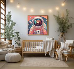 a baby's room with a teddy bear in an astronaut suit