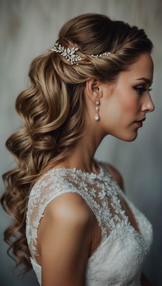 a woman with long hair wearing a wedding dress