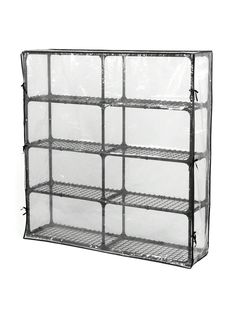 a clear plastic shelf with six shelves on each side