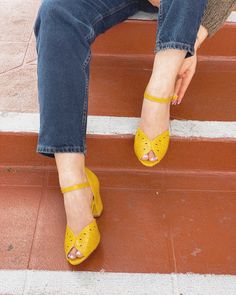 Our Haymee heel is a slice of sunshine with delicate citrus inspired perforations 🍋 #vintagestyle #shoes #fashion #baitfootwear Vintage Inspired Shoes, Sunshine Yellow, Proud To Be, Shoes Fashion, Vegan Friendly, Summer Shoes, Memory Foam, Vintage Inspired, Heel Height