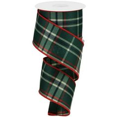 a roll of green and red plaid ribbon