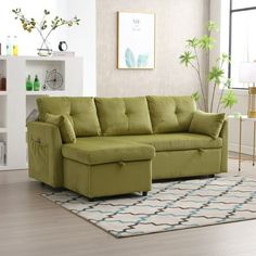 a living room with a green couch and rug