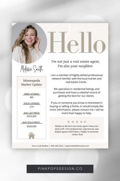 a flyer for a real estate agent, featuring a photo and the words hello on it