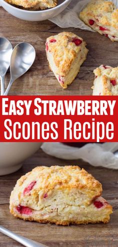 an easy strawberry scones recipe in a bowl and on a wooden table with spoons