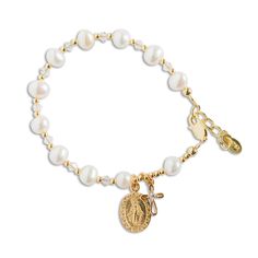 "These 14k gold-plated keepsake rosary bracelets are designed and hand-beaded in the USA using only the finest materials such as 14K gold-plated (over sterling silver) components, genuine soft pink or white freshwater pearls, sparkling silver accents, and adorned with an intricate gold cross charm and beautiful miraculous medal.  Each comes boxed in a gift box and makes a special keepsake for her special first communion day!   Special 1st communion gift for your goddaughter, granddaughter, niece or friend for her special day. (Bracelet measures 6 - 6.5\" with adjustable extension chain and fits the average 6-12 year old).   FREE SHIPPING - Ships within 1 business day! Matching Earrings: https://etsy.me/2UDMk2f Matching Necklace: https://etsy.me/2YXJrbP" Gold Rosary Bracelet With Round Beads Gift, Gold Spiritual Rosary Bracelet With Miraculous Medal, Adjustable Yellow Gold Rosary Bracelet, Gold Spiritual Rosary Bracelet With Charms, Spiritual Gold Rosary Bracelet With Charms, 8mm Beads Bracelet For Blessing, 8mm Beaded Bracelets For Blessings, Elegant 8mm Beads Jewelry For Blessing, Adjustable Gold Rosary Bracelet For Gift