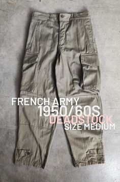 #FormerlyModern . Circa 1950/60s French Army M47 cargo pant / Made in France / herringbone cotton twill fabric . Deadstock - washed once . Size 23 Medium . Waist 40cm Length 106cm Inseam 76m Ankles 26cm . #frencharmy #armeefrancaise #50s #og #vintage #oldies #rare #collector #design #militaria #madeinfrance #fashion #casual #casualstyle #army #workwear #heritage #denim #tactical #frenchmilitary #frenchantiqueclothing #militarywear #作業着 #デニム #ビンテージ #M47 Vintage Cargo Jeans With Patch Pockets For Streetwear, Vintage Straight Leg Cargo Pants With Patch Pockets, Vintage Cargo Style Pants For Streetwear, Vintage Cotton Cargo Pants With Patch Pockets, Vintage Khaki Cargo Bottoms, Vintage Cargo Pants For Streetwear, French Army, Cargo Pant, Twill Fabric