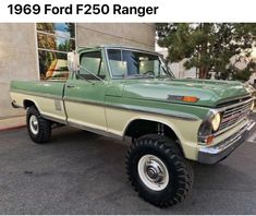 an old ford f250 ranger truck parked in front of a building