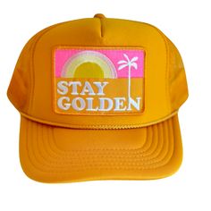 Stay Golden Patch Trucker Hat Spring Beach Trucker Hat, 5-panel, Summer Trucker Hat With Flat Brim, Summer Trucker Hat With 5-panel Design, Summer Trucker Hat 5-panel Style, Summer Trucker Hat 5-panel, Summer Outdoor Snapback Trucker Hat, Summer Trucker Hat In 5-panel Style, Summer Adjustable Trucker Hat With Flat Brim, Summer 5-panel Trucker Hat