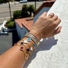 🍀LUCKY CLOVER BRACELET COMBO PACK: This 4 PCS bracelet set features the iconic four-leaf clover design, symbolizing luck, love, health, and prosperity. Each bracelet is crafted with 18K gold plating, offering a beautiful and lasting finish in vibrant White, Black, Blue, and Red colors. 🍀ADJUSTABLE SIZE: Designed to fit most wrist sizes, each bracelet comes with a 6.41" base length and a 1.9" extension chain, ensuring a comfortable and secure fit for everyone. The adjustable extension chain allows you to customize the length to your preference. 🍀HIGH-QUALITY MATERIAL: Made from premium stainless steel with 18K gold plating, these bracelets are designed to last. They are resistant to fading, maintaining their shine and color over time, so you can enjoy wearing them daily without worry. 🍀 Bracelet Combo, Clover Design, Clover Bracelet, Stylish Bracelet, Lucky Clover, Black Agate, Wristbands, Bracelet For Women, Leaf Clover