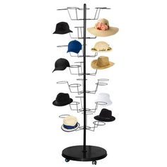 a hat rack with many hats on it