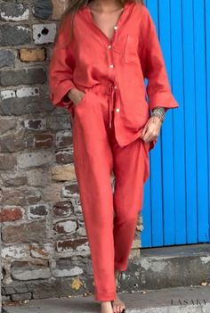 Lasaky - Luxurious High-Waisted Wide-Leg Pyjama Set Linen Two Piece Set, Mid Waist Pants, Loose Trousers, Linen Suit, Pyjama Set, Linen Top, Shirt And Pants, Belleza Natural, Two Piece Outfit