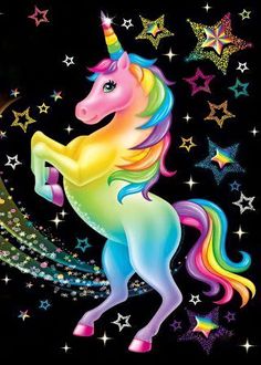 a rainbow unicorn with stars in the background