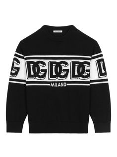 black/white wool intarsia-knit logo ribbed trim crew neck long sleeves straight hem Dolce Gabbana Sweater, Dg Logo, Dress With Jean Jacket, Baby Boy Accessories, Latest Sweater, Wool Pullover, Dolce And Gabbana Kids, Wool Jumper, Kids Fashion Boy