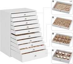 the contents of a jewelry box are shown in three different sections, including drawers and trays