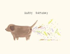 a happy birthday card with an image of a dog blowing confetti on it