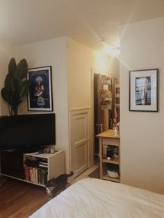 a bed room with a neatly made bed and a flat screen tv