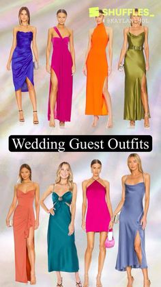 several different types of dresses on display with the words wedding guest outfits written below them