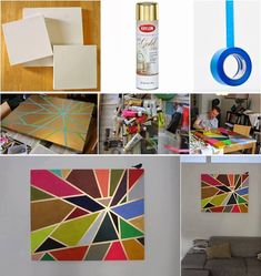 several pictures of different types of art and crafting materials including paint, paper, glue, and canvases