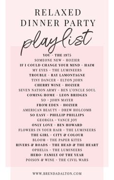 a pink and black poster with the words relax, dinner party playlist on it