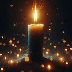 a lit candle on a table with blurry lights in the background and boke effect