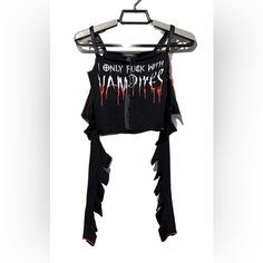 ~Nwt, Size Xs, Sold Out Online ~Black/Red Cropped Cami Tank Top W/Adjustable Shoulder Straps & Contrast Colored Stitching ~”I Only F*Ck With Vampires” Word Graphics On Front ~Attached Slashed Long Sleeves & Cropped Fit ~95% Cotton 5% Spandex, Hand Wash Cold/Hang Dry ~Smoke Free/Dog Friendly Home ~Poos Fcfs ~Shipping/Bundling, Also Pickup Or Meet Locally ~$30 (Reg $48, Sold Out) Or Best Offer Emo Sleeveless Party Top, Emo Sleeveless Top For Party, Emo Style Sleeveless Party Top, Emo Style Top For Halloween Night Out, Emo Style Tops For Summer Nights, Edgy Black Tops For Costume Party, Black Emo Party Tops, Edgy Black Top For Costume Party, Alternative Style Tops For Halloween Night Out