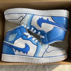 Open Order Custom/Painted Shoes Custom price depends on difficulty Painted with acrylic paint Jordans Blue, Air Jordan 1 Blue, Custom Air Jordan 1, Rave Shoes, Jordan 1 Blue, Custom Air Jordan, Blue Drip, Custom Jordans, Custom Painted Shoes